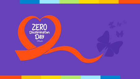 Zero discrimination day greeting poster. Symbol red ribbon heart and butterflies on rainbow background. International holiday 1 march. Butterfly as festive symbol. Vector horizontal illustrationのイラスト素材