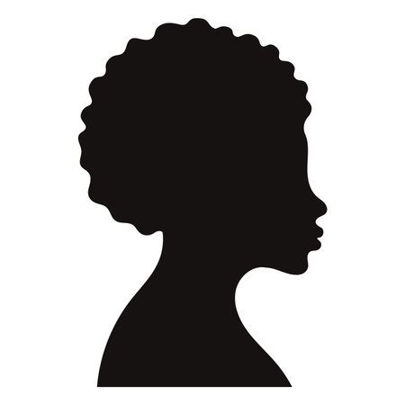 Black silhouette profile african american curly women. Isolated portrait girl on white background. Vector illustration. Hand drawingのイラスト素材