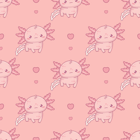 Seamless pattern with cute Axolotl on light pink background with heart. Funny Little cartoon kawaii character. Vector illustration. Romantic background valentineのイラスト素材