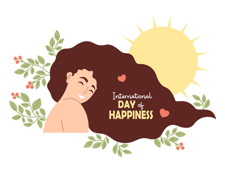 Happy pretty woman with long hair. Day of Happiness card. Female portrait with leaves and sun. Flat Vector illustration. International holiday is celebrated annually on March 20のイラスト素材