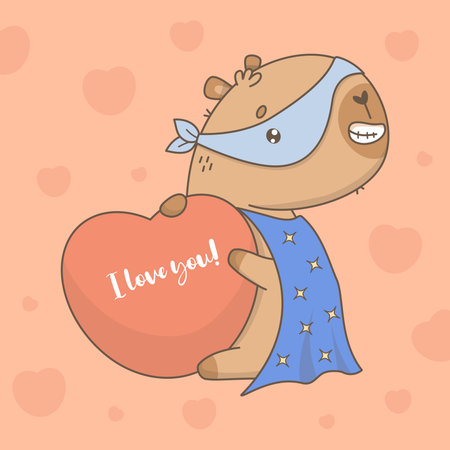 Cute Superhero Capybara in hero mask and raincoat with big Heart. Funny cartoon kawaii character animal. Vector illustration. Cool card valentine I love youのイラスト素材