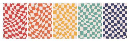 Groovy Checkered Background set. Retro Twisted Templates. Waves Trippy Grid. Trendy Hippie aesthetic...