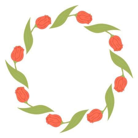 Round Frame with Red Tulip. Festive Decoration Circle Border Card with Spring Flowers. Vector illustration in flat styleのイラスト素材