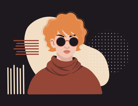 Beautiful Red-haired Curly Girl with sunglasses. Minimalist Female Portrait with abstract geometric shapes on black background. Vector illustrationのイラスト素材