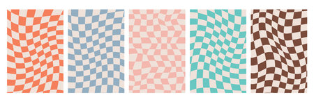 Groovy Distorted Checkered Background. Retro Twisted Trendy Waves Trippy Grid. Isolated Hand drawn rectangle templates collection. Hippie aesthetic psychedelic 1970s styleのイラスト素材