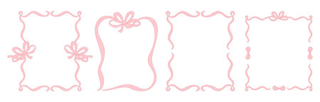 Vintage Frame with Pink Bows and Ribbons Set. Romantic Coquette Girly Vibe. Vector illustration. Isolated Trendy aesthetic Border vertical Template for wedding, birthday, card, party invitationsのイラスト素材