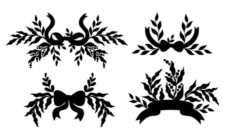 Vintage coquette ribbon bow with floral elements silhouette. Vector illustration. Isolated Decorative Trendy aesthetic graphic elements perfect for design, digital projects and decorationのイラスト素材