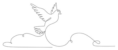Flying Dove in Clouds. One Continuous Line. Pigeon Bird Symbol of Peace and Freedom, Pentecost. Simple Linear Drawing. Vector Illustration. Hand Drawn Line Artのイラスト素材