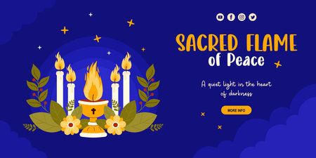 Religion And Faith Landing Page. Sacred Flame of Peace. Spiritual Life with Chalice and Candles on Blue. Website Header with Horizontal Banner, Navigation Menu. Holiday Biblical. Vector Illustrationのイラスト素材