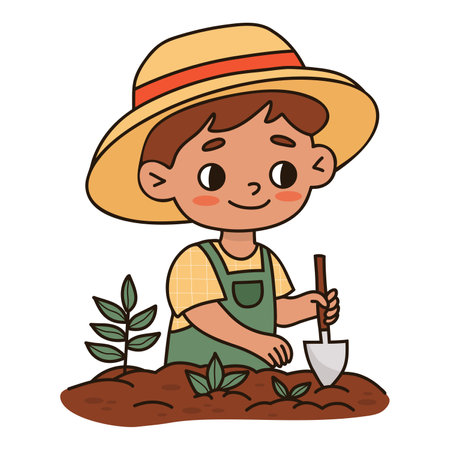 Cute boy Gardening with Shovel. Kid in hat with tool digging in garden and planting plants. Hand Color drawing doodle. Vector illustrationのイラスト素材