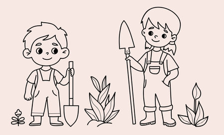 Cute Kids Gardening with Shovels. Outline boy and girl wearing overalls with garden tools. Isolated linear hand drawing. Springtime activity. Vector illustrationのイラスト素材