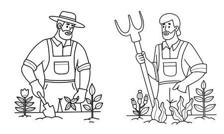 Two Outline Man Farmer with garden tools Shovel and pitchfork. Male Gardeners Working work In ground bed with seedlings and plants. Isolated Line hand drawing. Vector illustrationのイラスト素材
