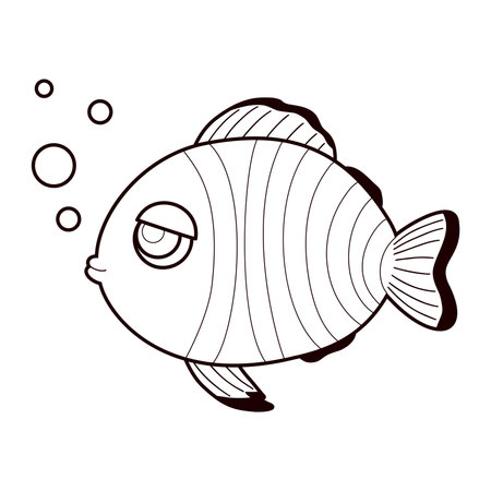 Outline Cute Tropical striped Fish. Underwater Scalary. Line drawing, coloring book. Vector illustration. Kids collectionのイラスト素材