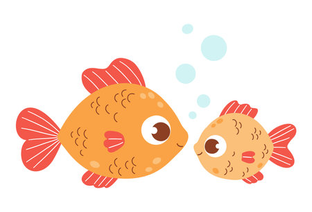 Cute funny Big and little Fish with bubbles. Mom and baby animal. Vector illustration. Kids collectionのイラスト素材