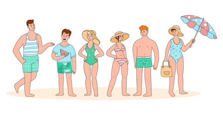 Cute Group of People Beach. Women in Swimsuits and with umbrella from sun and men in shorts and swimming trunks. Isolated male and female Character on summer vacation. Vector illustrationのイラスト素材