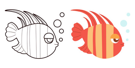 Tropical Striped Fish set. Isolated Color and Outline Line drawing, coloring book. Vector illustration. Kids collection.のイラスト素材