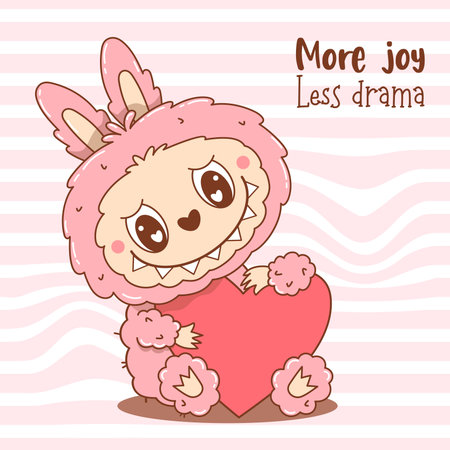 Cute Pink Monster Toy Labubu with Heart. Cool card with Cartoon Funny kawaii Fluffy Character on Groovy Distorted Stripe Background. Vector illustration. Kids collection for sticker, mascot and designのイラスト素材