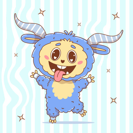 Cute Funny Monster with smile and tongue out. Cool Cartoon kawaii horned Character on Groovy Distorted Stripe Background. Vector illustration. Kids collection for sticker, mascot and designのイラスト素材