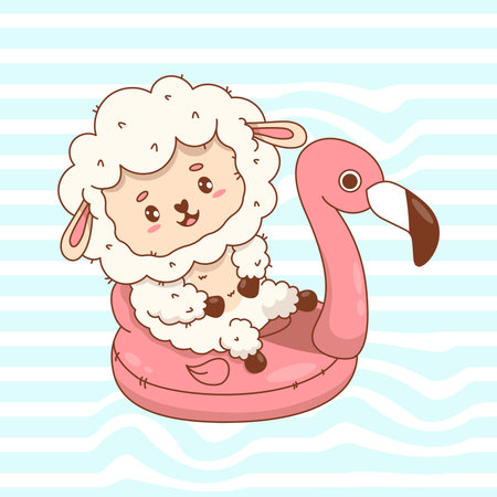 Cute summer Sheep on inflatable pink flamingo. Beach Adorable Farm Animal. Happy cartoon kawaii character on striped background. Vector illustration. Kids collectionのイラスト素材