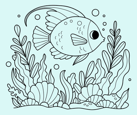 Beautiful tropical fish with algae and corals on seabed and Coral Reef. Coloring Page. Not AI. Outline Line drawing. Vector illustration. Kids collectionのイラスト素材
