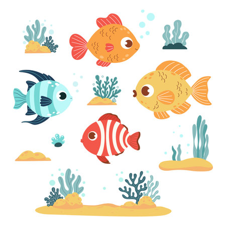 Cute Tropical Fish and Sea Plants, seaweed and Coral on seabed. Isolated underwater animals and plants on white. Vector illustration. Kids collectionのイラスト素材