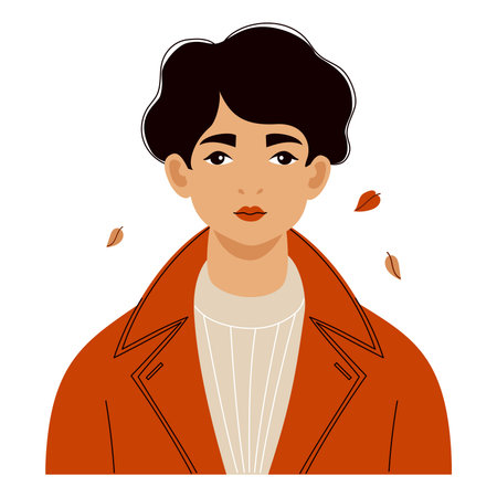 Autumn pretty Woman in red coat with fall Leaves. Female Autumnal Portrait fair-skinned brunette with short haircut. Vector illustration. Not AIのイラスト素材