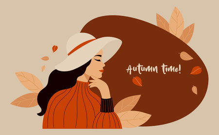 Pretty Female Autumnal Portrait in fashionable wide-brim hat with Autumn Leaves. Stylish Seasonal horizontal poster autumn time. Vector illustration. Not AIのイラスト素材