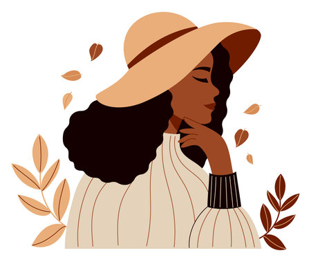 Cute pretty Black Woman in fashionable wide-brim hat with Autumn Leaves. Female Autumnal ethnic Portrait in profile. Vector illustration. Not AI.のイラスト素材