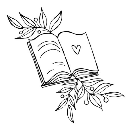 Outline Romantic Open Book with Botanical leaves. Textured Hand Doodle. Sketch Drawing symbolizing love, nature, and literature. Vector Illustration. Not AIのイラスト素材