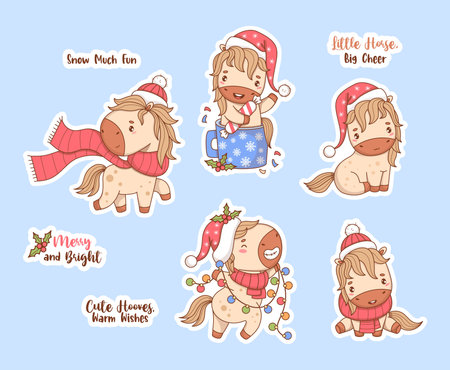 Cute Christmas winter Little Horse Stickers. Isolated Funny Vector New Year Animal in Santa Hat and Scarf, in Cup, with Holiday Garland and cool Slogans. Symbol 2026 year to Eastern calendar. Not AIのイラスト素材