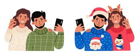 Happy People Taking Selfie. Christmas Man With Phone In Santa Hat And Woman With Deer Antlers In...