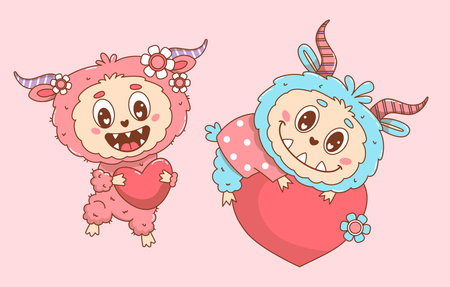 Romantic Cute Monster Character with Heart set. Isolated Cool Funny kawaii horned Fantasy beast Valentine. Vector illustrationのイラスト素材