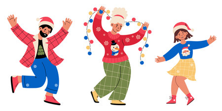 Christmas Happy People. Dancing Man and Woman in Santa Hat with and Blonde with Garland set. Isolated New Year characters In ugly Xmas sweater. Holiday fun and party. Vector Illustration. Not AIのイラスト素材