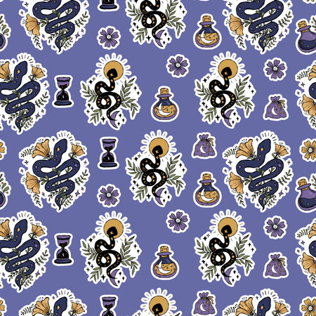 Seamless witchy Pattern with Mystical Snake, Flowers, moon, and celestial symbols on Blue...