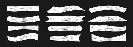 Curvature Freeform. Chalk white ribbon and banner shapes on black background. Hand Drawn various curved elements, Form. Isolated Crayon textured drawings scrawls. Vector illustration. Not AIのイラスト素材