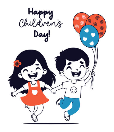 Cute Running Couple kids Girl and Boy with balloons. Happy Children Day. Doodle hand drawing. Vector Illustration. Not AIのイラスト素材