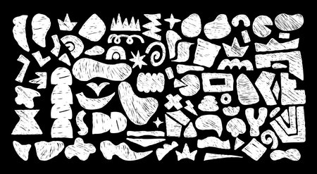 Curvature Crayon Freeform set. Abstract White Chalk Hand Drawn Shapes, Curls, Geometric Forms, Ink Spot and doodle objects on Black. Isolated textured drawings scrawls. Vector illustration. Not AIのイラスト素材