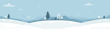 Winter Snowy landscape background. Seasonal cold Mountain Nature. Minimal flat winter-time horizontal banner. Vector illustration. Not AIのイラスト素材