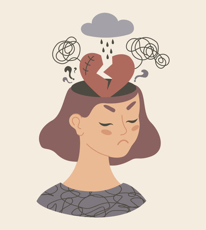 Mental Health. Sad Woman with Broken Heart, rain cloud and Tangled Thoughts from her head. Symbolizes emotional pain, confusion, Depression and Stress. Vector Illustration in Flat retro color. Not AIのイラスト素材