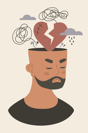 Mental Health. Sad Ethnic Black Man with Broken Heart, rain cloud and Depression Tangled Thoughts from his head. Emotional pain, confusion, Depression and Stress. Flat Vector Illustration. Not AIのイラスト素材