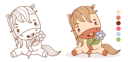 Happy Cartoon Pony with Flower. Cute Holiday Horse Kawaii Animal set. Isolated Outline and Color drawing. Coloring Book. Vector illustration. Kids collection. Not AIのイラスト素材