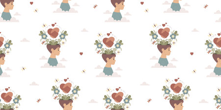 Mental Health Seamless Pattern. Human Head with flowers inside, caring hands forming heart,...