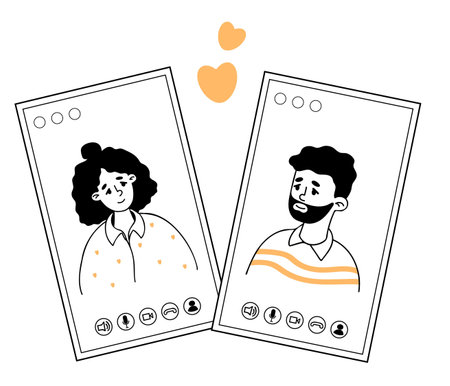 Dating Online Video Call. Romantic Couple Man and Woman Characters with Hearts. Outline Doodle,...