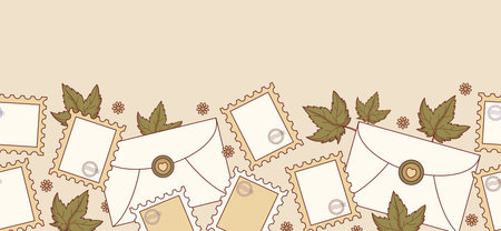 Slow living Vintage Mail Seamless Border. Craft Envelopes, Wax Seal and Postage Stamp on Beige Background. Artisan Letter Writing. Website Header with Copy Space. Hygge Horizontal Vector Illustrationのイラスト素材