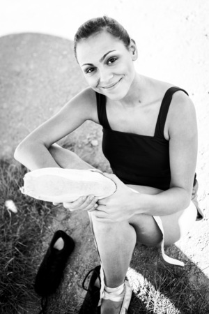 Closeup woman portrait of beautiful young ballerinaの写真素材