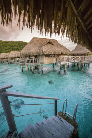 Overwater Bungalows in Moorea, French Polynesiaの写真素材
