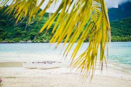 Beautiful beach with a view of Otemanu mountain on Bora Bora islandの写真素材