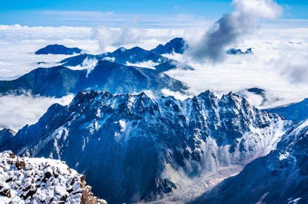 The Caucas mountains over the clouds, Bezengi region, Russia