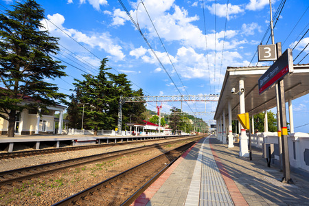 Empty railway platform in Russia in the summer, Dagomysのeditorial素材