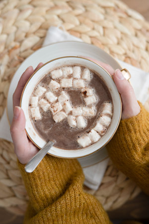 Women's hands in a sweater hug a cup of hot chocolate drinkの写真素材